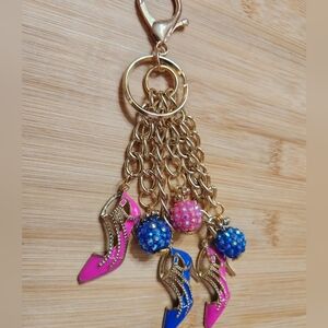 Hand Crafted Purse Charm Key Chain Heels and Beads Blue Pink Gold
